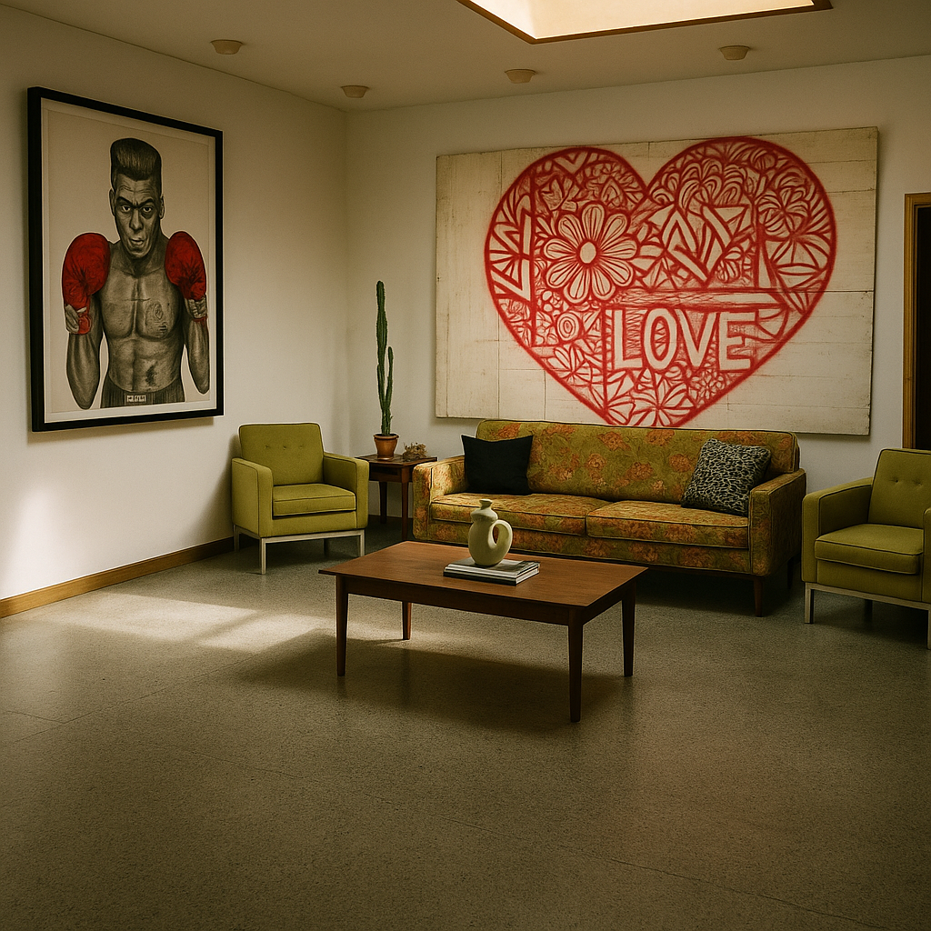 Modern living room with artistic touches featuring olive green furniture and love-themed wall art